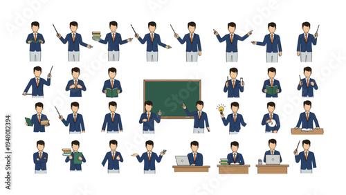 Versatile Educator Poses: A diverse set of illustrations showcases a dynamic individual, embodying the spirit of education. The educator engages with knowledge in a variety of poses.