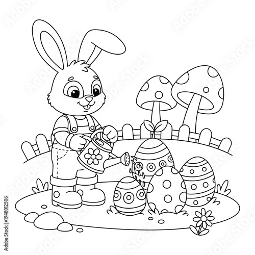 Easter bunny watering decorated eggs in a cheerful spring garden coloring page