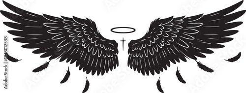 A minimalist black and white graphic illustration featuring stylized angel wings with a holy halo isolated on transparent background, Vector