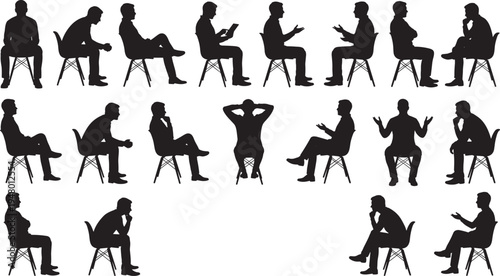 People sitting silhouettes set conversation thinking reading discussion interview communication chair pose vector collection