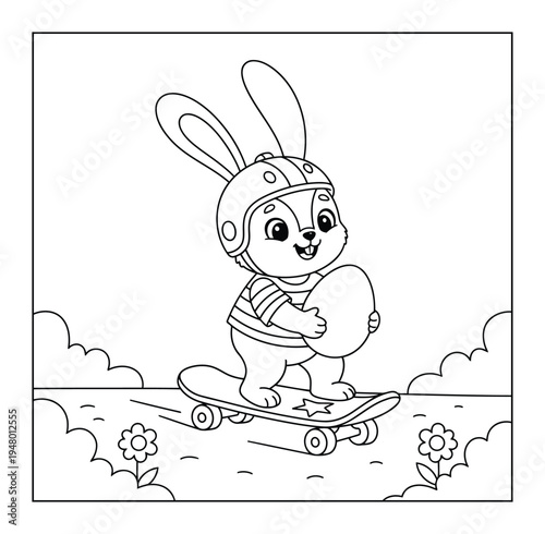 Easter bunny skateboarding while holding decorated egg coloring page illustration