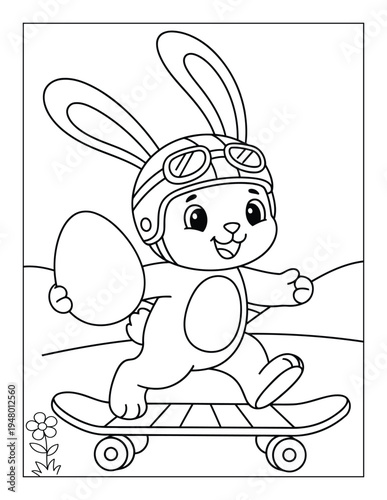 Easter bunny riding skateboard holding decorated egg coloring page illustrationEaster bunny riding skateboard holding decorated egg coloring page illustration