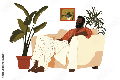 man in pajamas relaxes on a sofa isolated vector style