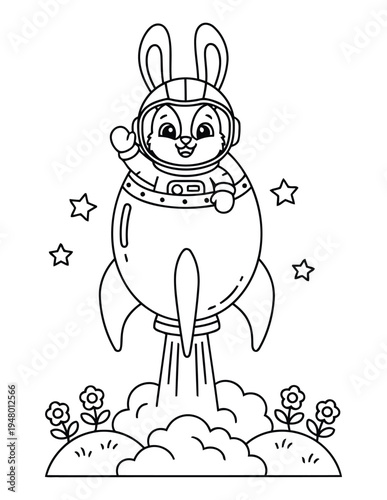 Easter bunny astronaut launching rocket in space coloring page illustration