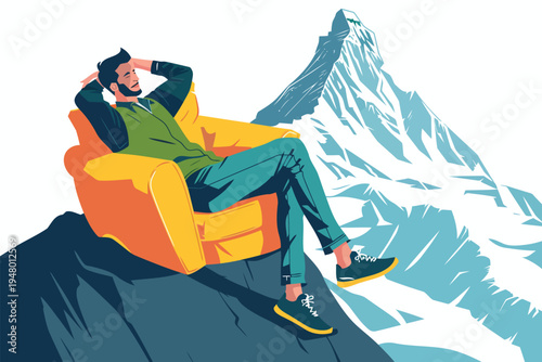 man relaxes on a sofa on top of a mountain isolated vector style