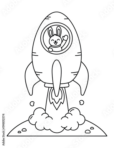 Easter bunny astronaut waving from rocket launch coloring page illustration