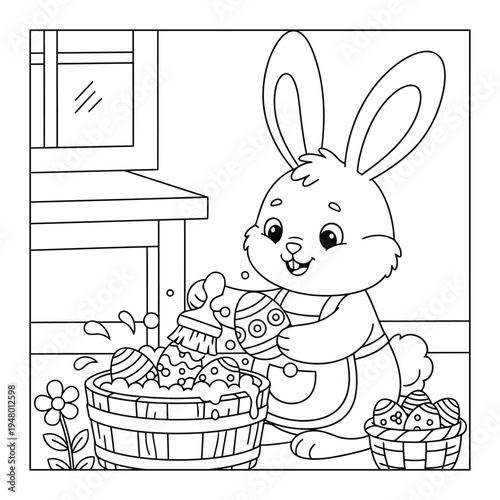 Easter bunny cleaning decorated eggs in wooden tub coloring page illustration