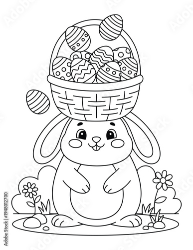 Cute bunny balancing basket full of Easter eggs coloring page illustration