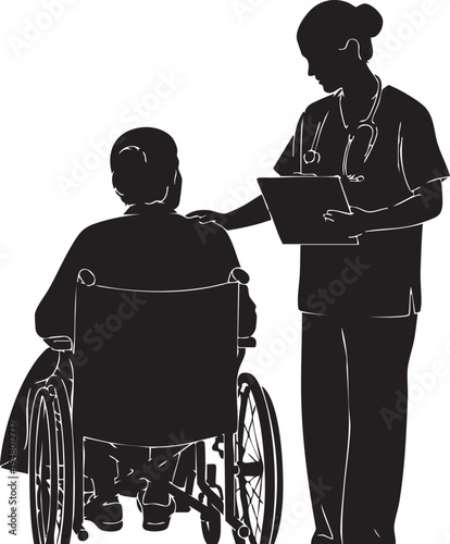 A silhouette illustration of a dedicated nurse comforting a senior patient in a wheelchair at work isolated on transparent background, Vector