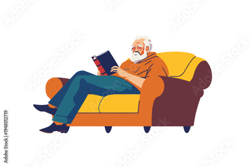 old man with book in pajamas relaxes on a sofa isolated vector style