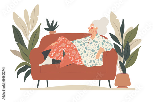 old woman in pajamas relaxes on a sofa isolated vector style