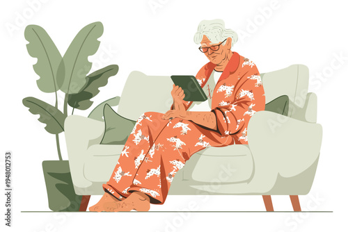 old woman with phone in pajamas relaxes on a sofa isolated vector style