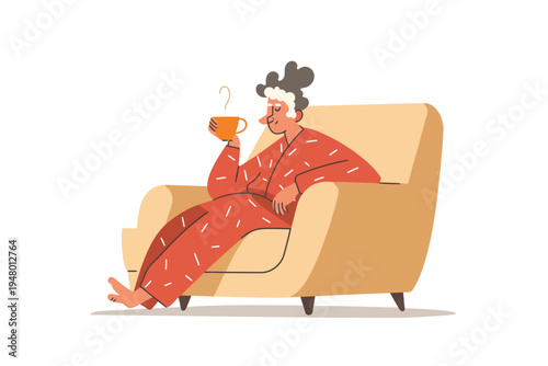 old woman with coffee in pajamas relaxes on a sofa isolated vector style