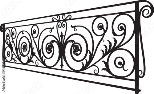 Black metal railing, ornate iron fence, decorative scrollwork, wrought iron balustrade