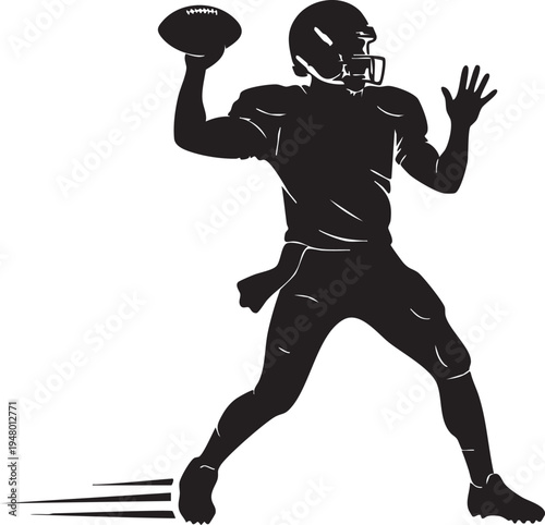 A high contrast black and white silhouette graphic of an american football quarterback throwing ball isolated on transparent background, Vector