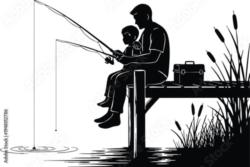 A silhouette illustration of a father and son fishing together from a wooden dock at the lakeside isolated on transparent background, Vector