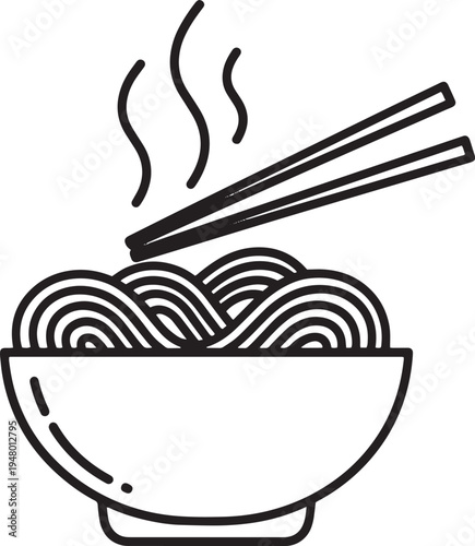 Vector illustration of steaming noodles in bowl with chopsticks