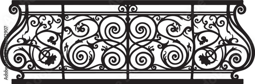Ornate iron railing, wrought iron fence, decorative metalwork, scrollwork design