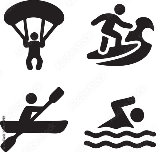 Set of 4 sports icons vector, parachuting, surfing, kayaking, swimming
