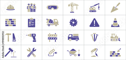 Construction icons set including workers, Hard hat, Safety gear, Tools, And heavy machinery
