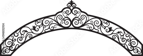 Ornate iron archway, decorative metal gate, black filigree design, vector border