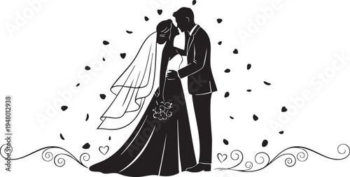 A romantic silhouette illustration of a newlywed couple kissing amidst falling heart shaped petals isolated on transparent background, Vector