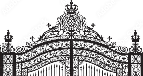 Ornate iron gate, Victorian style entrance, black metal fence, decorative archway