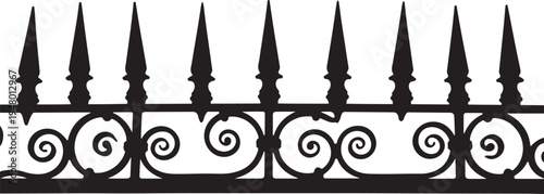 Wrought iron fence, black metal railing, ornamental border, decorative spikes