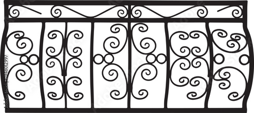 Ornate iron fence, wrought iron railing, decorative metalwork, black vector border