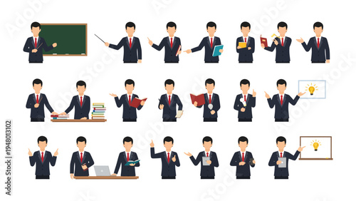 Teacher Poses and Classroom Elements: A collection of illustrations presenting a male teacher, exhibiting a range of poses and interactions with classroom items.