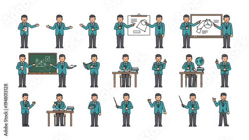 Teacher's Demonstration: A comprehensive series of illustrations portraying a teacher engaged in diverse instructional activities, from explaining concepts to using visual aids.