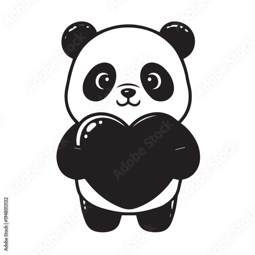Adorable panda holding a large heart in a cute cartoon illustration.