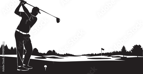 A silhouette illustration of a professional golfer swinging a club on a scenic green golf course isolated on transparent background, Vector
