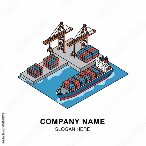 Isometric illustration of a cargo ship being loaded at a port with cranes.