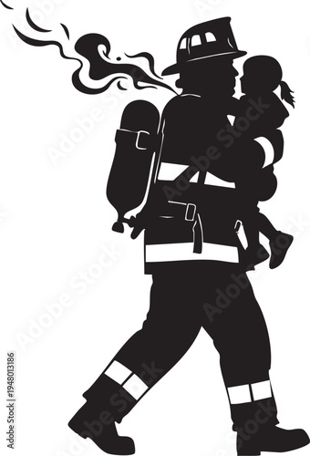Black silhouette of a brave firefighter carrying a young child to safety from a dangerous fire isolated on transparent background, Vector