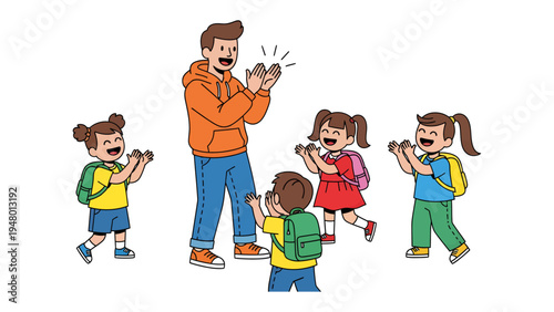 Teacher Applauds Young Students: A heartwarming scene unfolds as a teacher joyfully applauds a group of young students, their faces alight with glee.