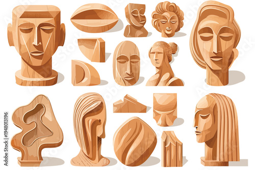 set of different wooden sculptures each an example of isolated vector style