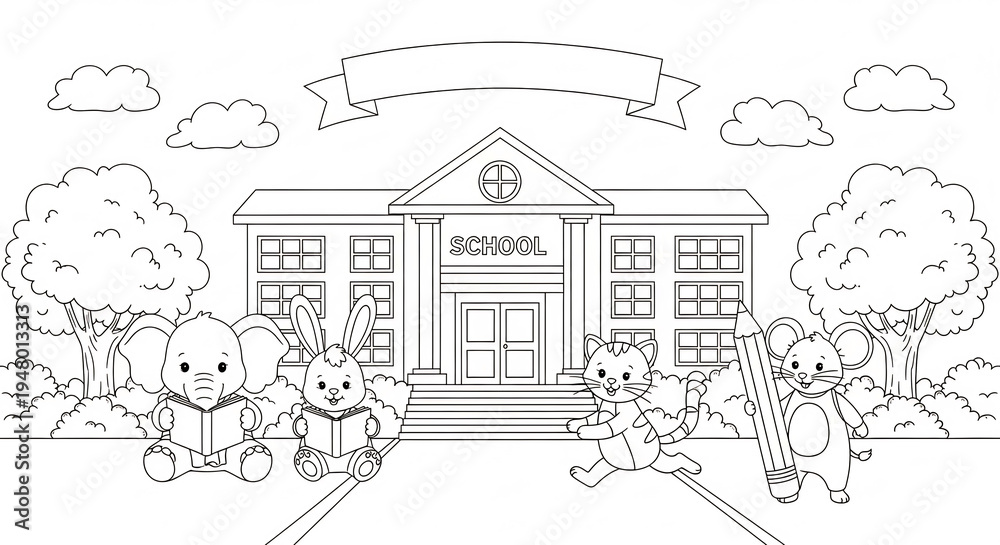 Obraz premium 学校の建物と動物たちの楽しい一日を白黒で描く