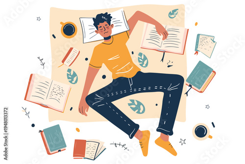 top view of tired man sleeping near open books with c isolated vector style