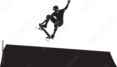 A black silhouette of a skateboarder performing a high jump trick over a ramp on white background isolated on transparent background, Vector
