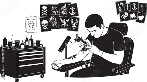 A professional tattoo artist focused on creating a detailed ink design in a modern studio setting isolated on transparent background, Vector
