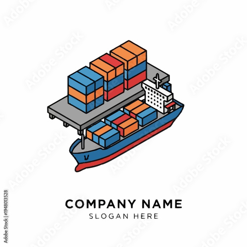 Isometric container ship carrying cargo boxes, company logo template.