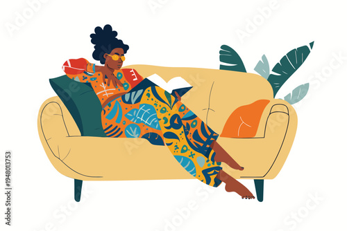 woman with book in pajamas relaxes on a sofa isolated vector style