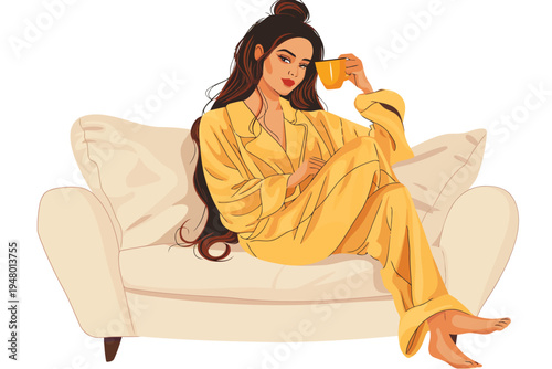woman with coffee in pajamas relaxes on a sofa isolated vector style