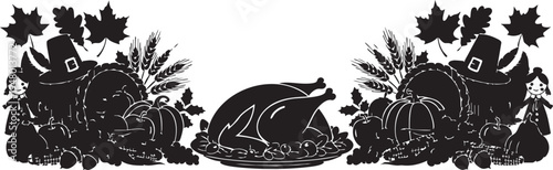 A detailed black silhouette of a thanksgiving feast arrangement with turkey and autumn harvest decor isolated on transparent background, Vector