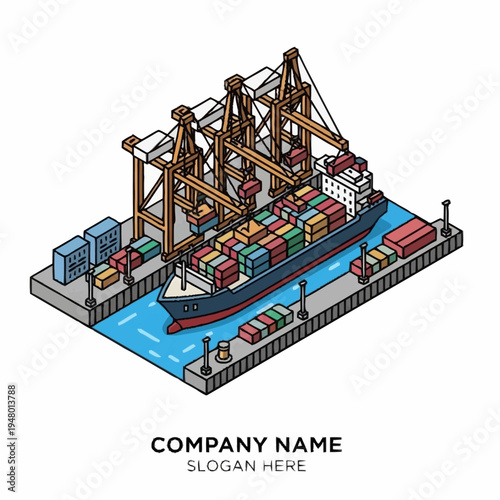Isometric illustration of a cargo ship docked at a port with cranes and containers.