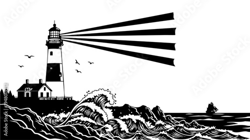 A high contrast black and white illustration of a lighthouse casting beams over crashing waves isolated on transparent background, Vector
