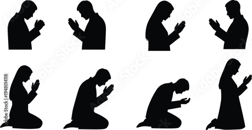 Prayer silhouette illustration showing men and women standing and kneeling in devotion, symbolizing spirituality, meditation, worship, faith, and cultural practice.