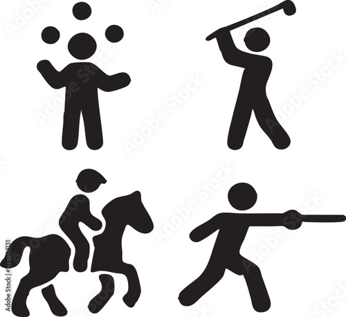Sports and Activity Icons Set Juggler Golfer Horseback Rider Fencer Black Vector