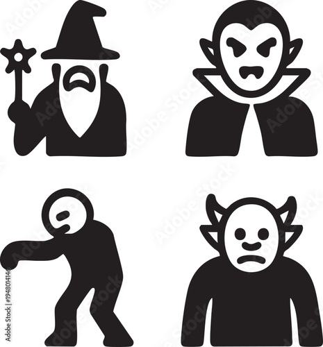 Fantasy and Horror Character Icons Set Wizard Vampire Zombie Troll Black Vector